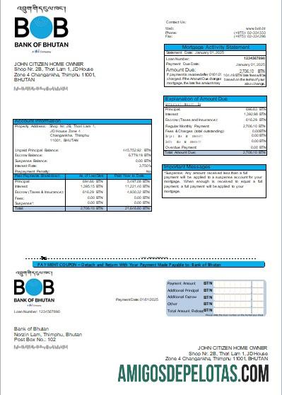 Declaração de hipoteca do Banco do Butão Banco do Butão Scr exemplo real